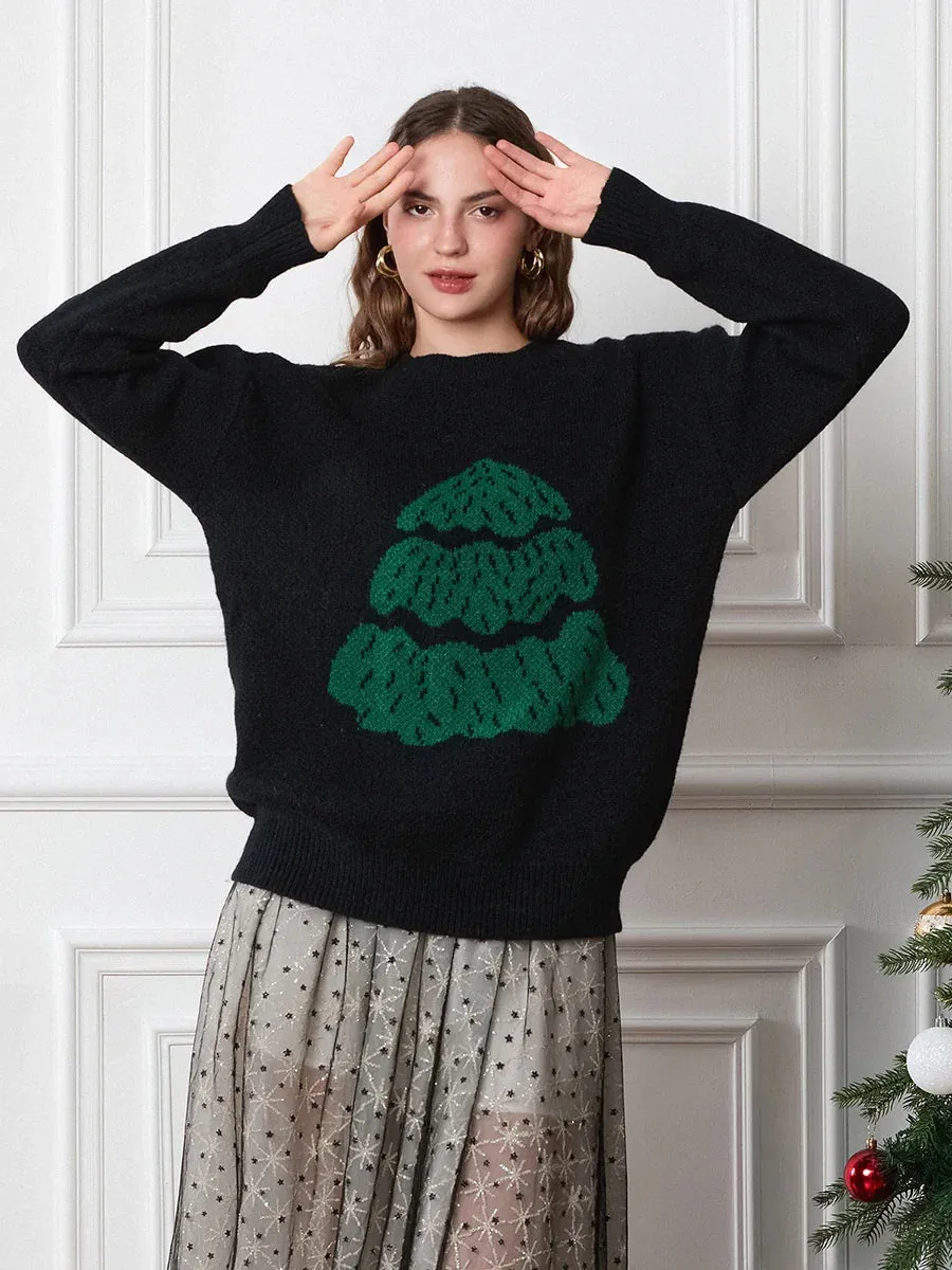 Wenkouban-Christmas Thanksgiving outfits_Drop Shoulder Long Sleeve Round Neck Christmas Tree Warm Christmas Sweater