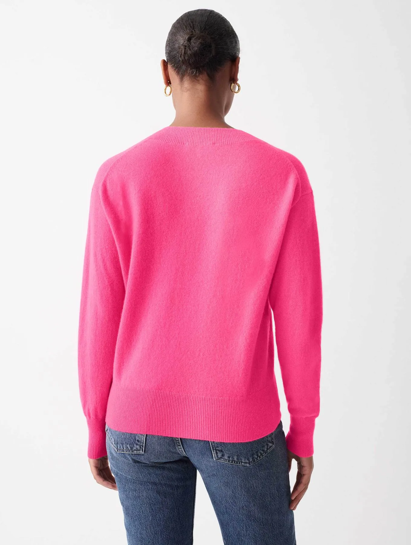 White   Warren - Cashmere Long Sleeve V Neck in Neon Pink Sunrise