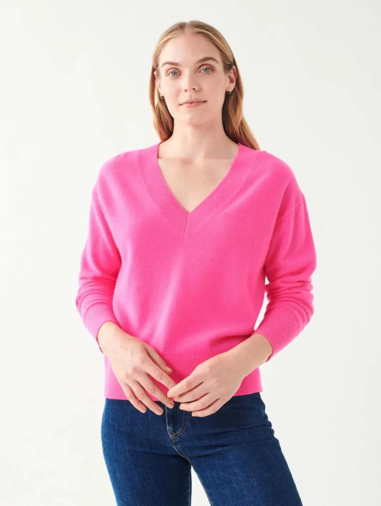 White   Warren - Cashmere Long Sleeve V Neck in Neon Pink Sunrise