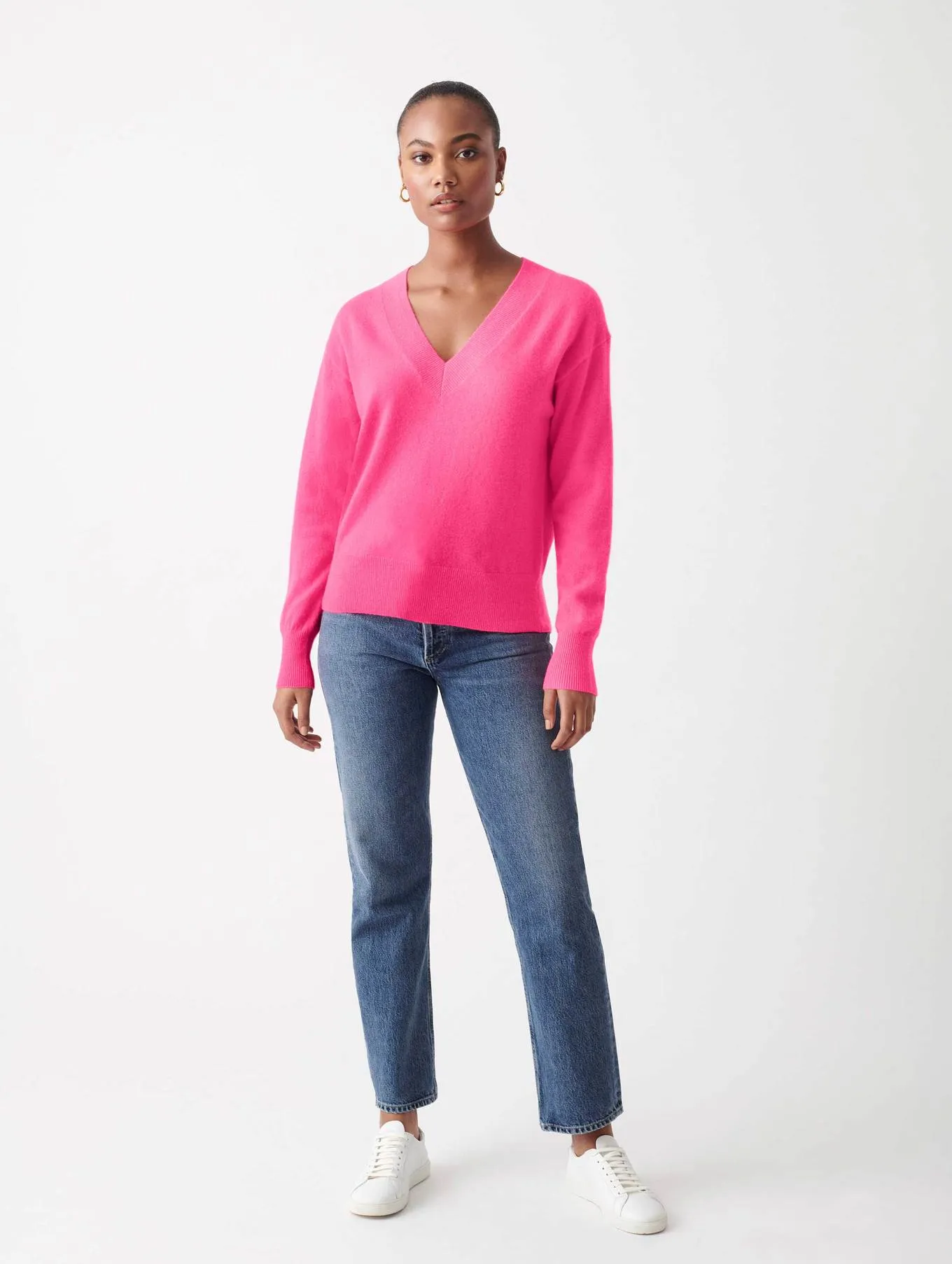 White   Warren - Cashmere Long Sleeve V Neck in Neon Pink Sunrise