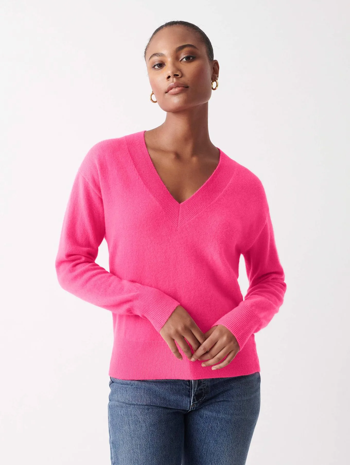 White   Warren - Cashmere Long Sleeve V Neck in Neon Pink Sunrise