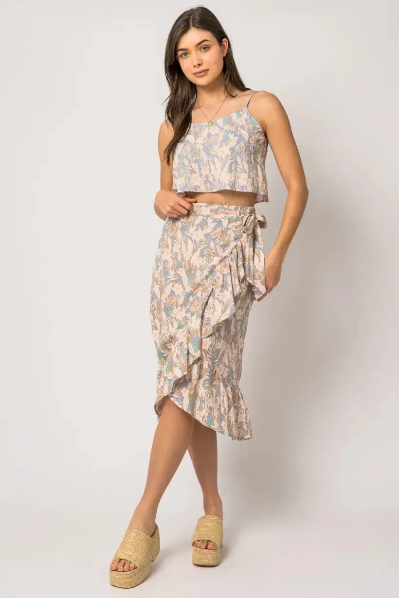 WRAP SHIRRING FLORAL MIDI SKIRT