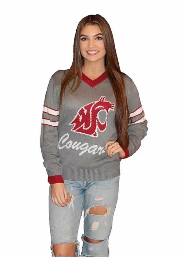 WSU Grey & Crimson Cougars Tribute V-Neck Sweater (UNISEX SIZING)